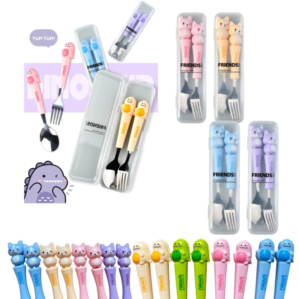 kit Jogo Talheres Infantil c/ Estojo Garfo Faca colher 2 pc Inox Marmita Viagem fofo dinossauro