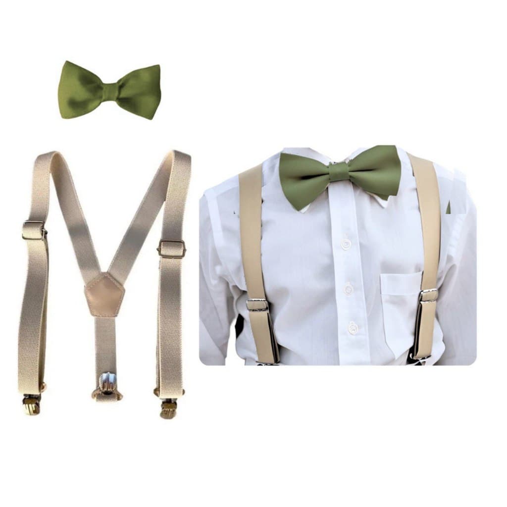 Kit 2 Peças |Suspensório Bege E Gravata Borboleta Verde Oliva Juvenil 10 a 17 anos Varias Cores Pajem Batizado Formatura