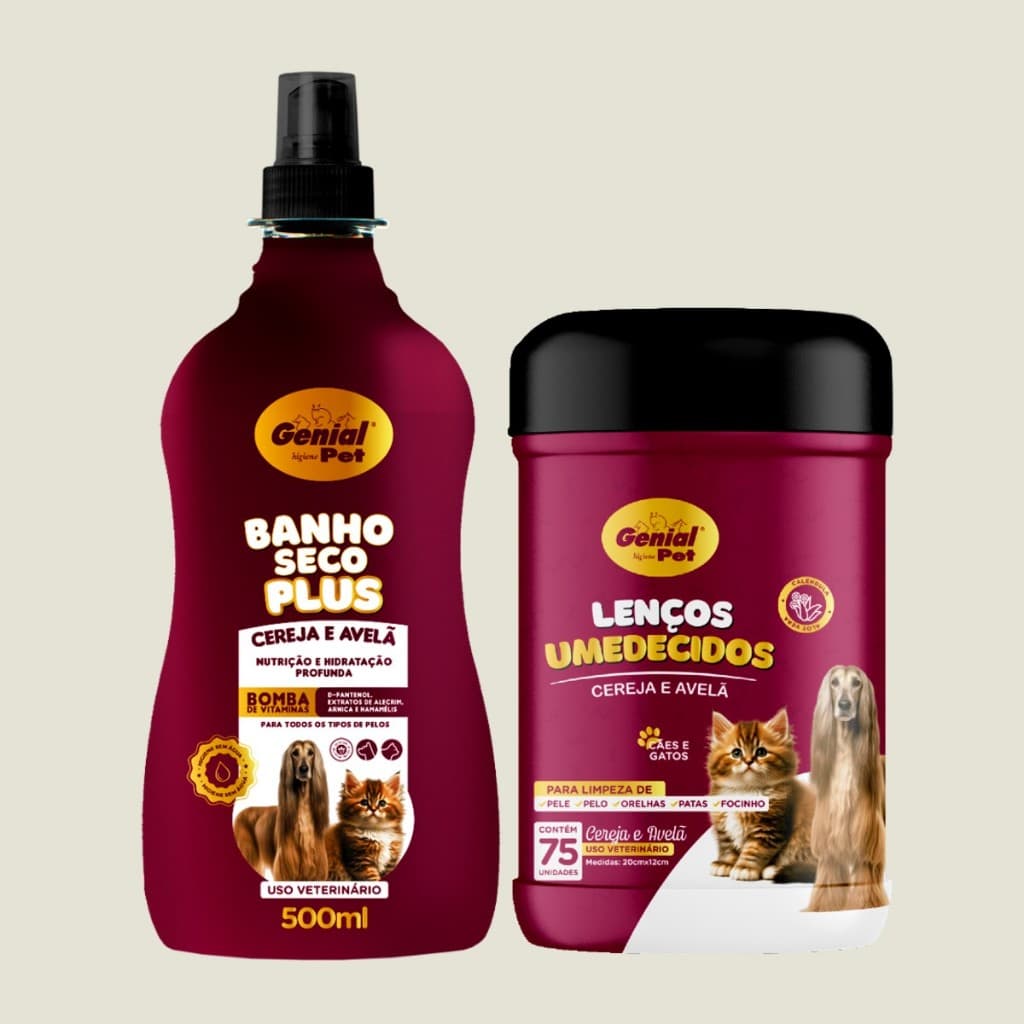 Kit Banho A Seco + Lenco Umedecido Sem Enxague Cereja e Avelã Para Caes E Gatos