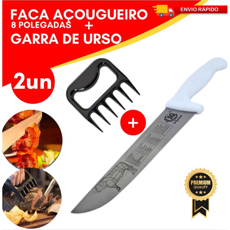 Kit 1 Facas Profissional + Garra de Urso Em Aço Inox Para Churrasco e Perfeito Para Açougueiro