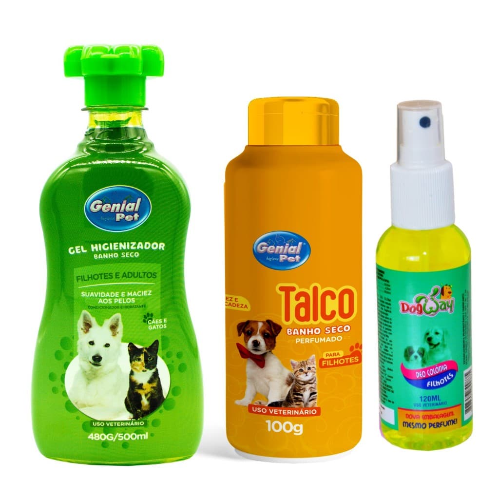 Kit banho a Seco Filhotes Gel Banho Talco e Perfume Cachorro e Gatos - Envio Imediato