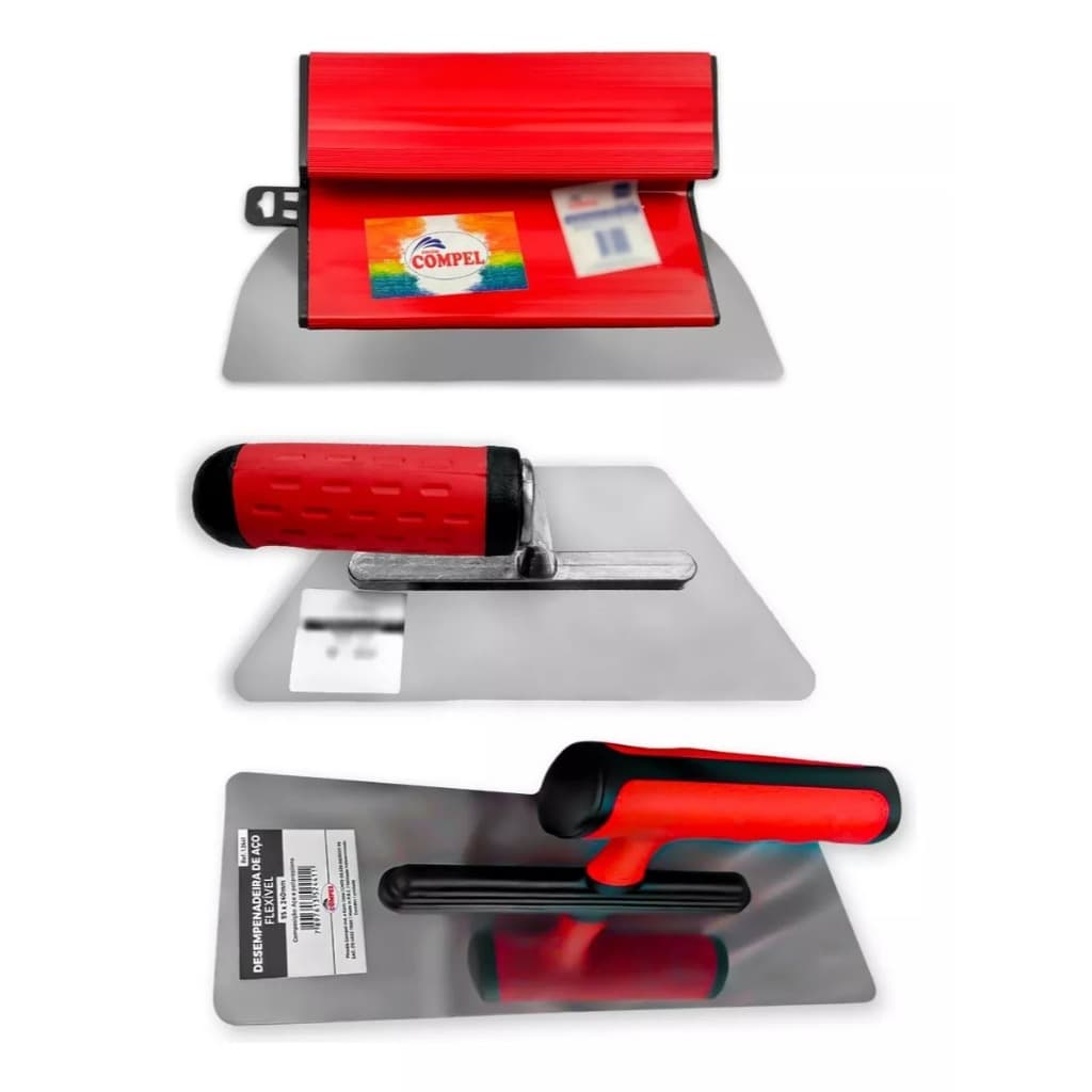 kit desempenadeira berox 25 cm aço inox flexivel + trapezio + lisa efeito cimento queimado