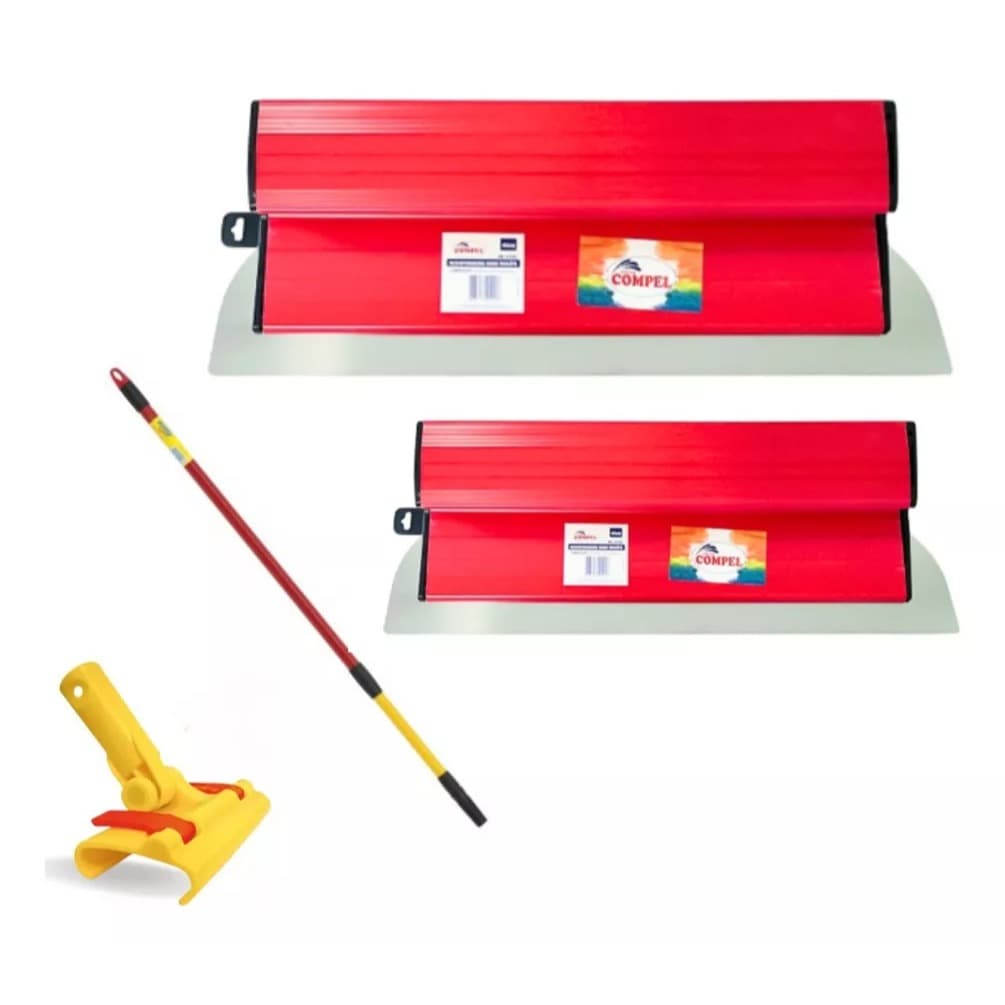 kit desempenadeira berox 40 e cm centimetro aço inox + suporte alongador + cabo extensor massa corri