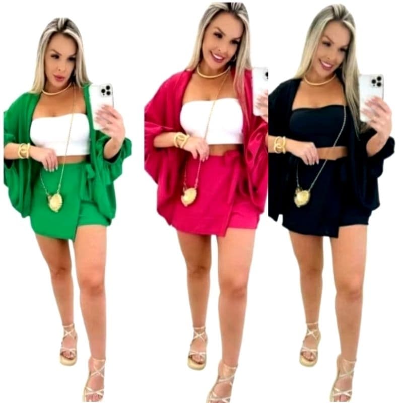 Conjunto Kimono e Short-Saia Feminino Tendencia Verão Moda Blogueira - Conjunto Kit 2 Peças