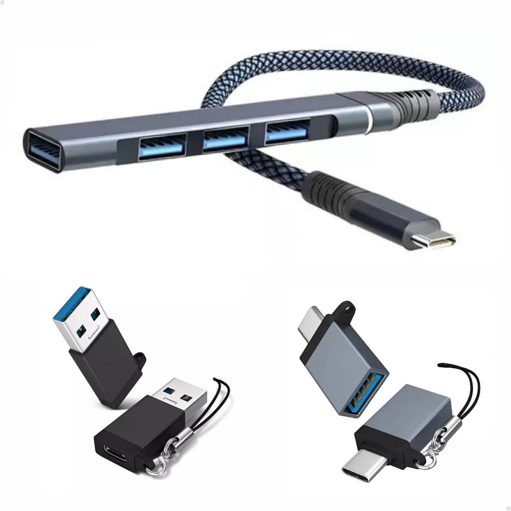 Hub Usb Tipo C 4 Portas Usb 3.0 Mouse Teclado + Adaptador Usb P Tipo-c + Adaptador Tipo-c Para Usb