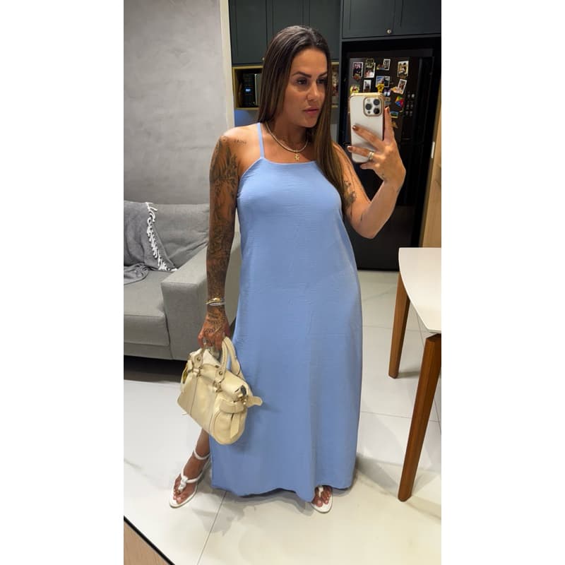 Vestido Feminino longo com alças ajustáveis Leve Tecido Crepe Soltonho dia a Dia estilo BOHO