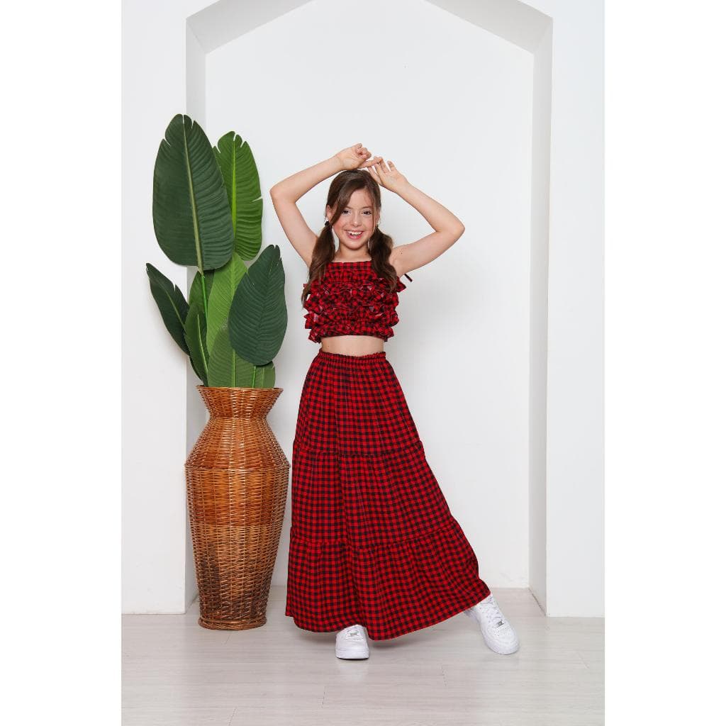 Conjunto infantil e juvenil  de blusa e saia longa xadrez para crianças e adolescentes festa casual