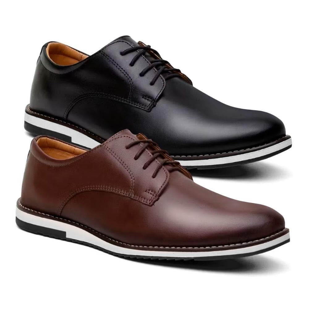 Kit 2 Pares de Sapato Oxford Masculino Derby Fino de Couro Premium Brilhante Com Solado Macio Costurado e Confortavel