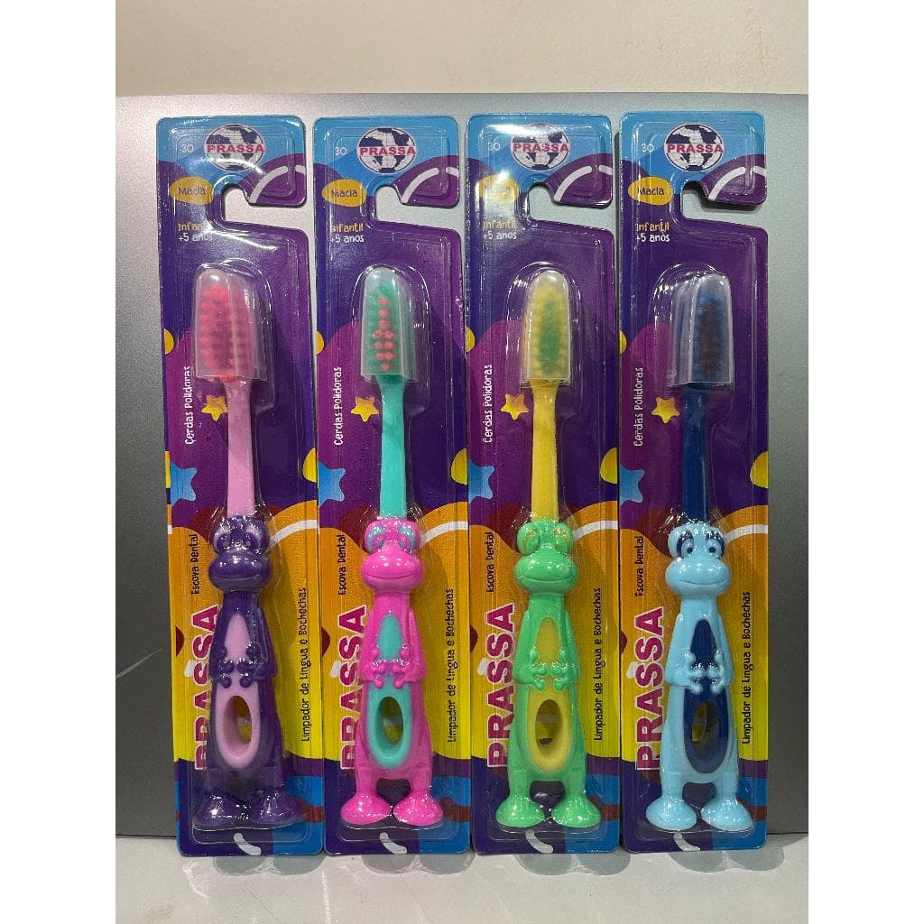 Kit Escova de Dente Infantil de Cerda Macia Dinossauros Coloridos com 24-96 Unidades