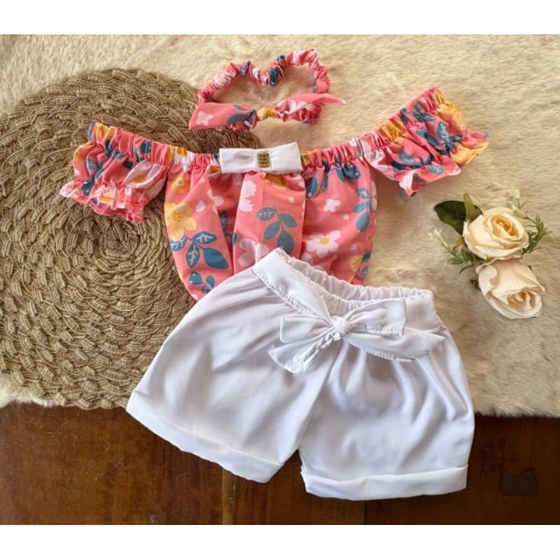 Kit infantil conjunto menina short blusa + tiara roupa moda blogueirinha