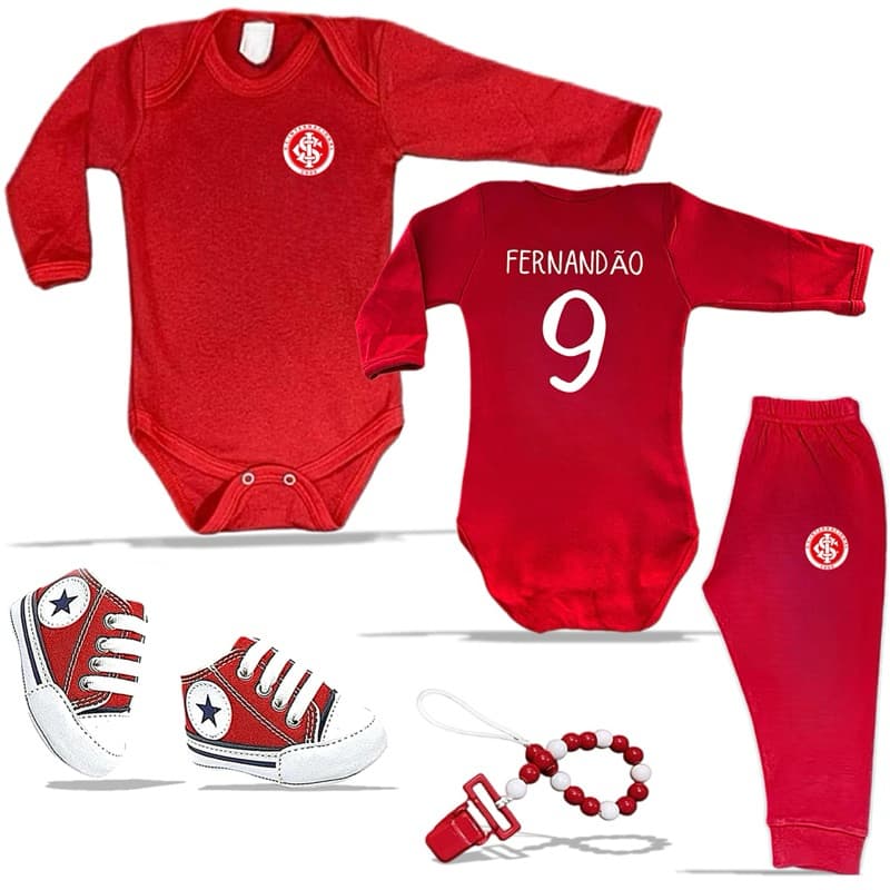 Conjunto de Bebê Quentinho Body Longo Personalizado Com Nome Festa Tema Inter Colorado 100% Algodão