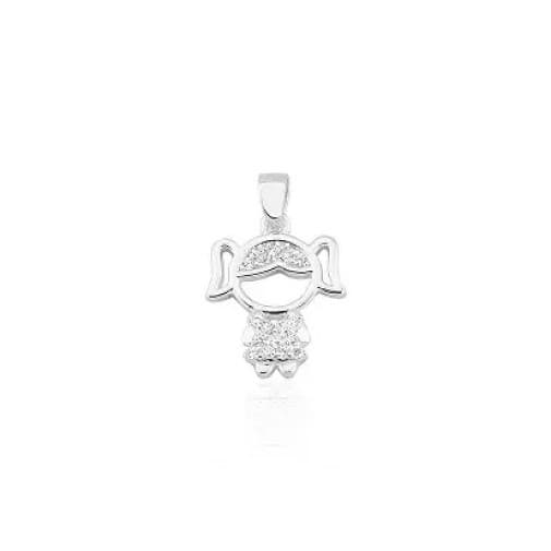 Pingente Colar Menina Cabelo Vestido Strass Prata 925