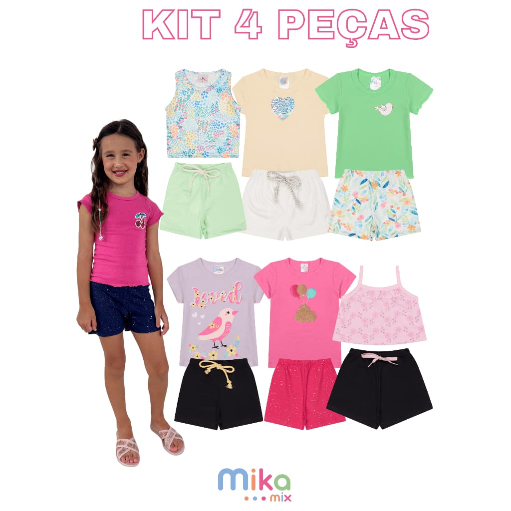 Kit Infantil Verão Menina 4 Peças – 2 Camisetas + 2 Shorts Sortidas (Tamanhos 1 a 8 Anos)