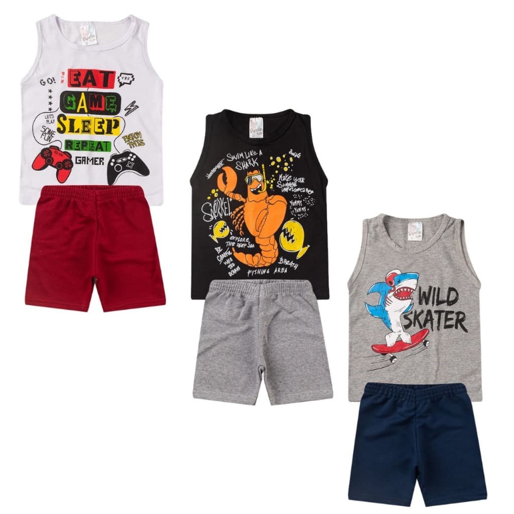 kit 4 Peças São 2 conjuntos masculino infantil  juvenil menino regata tam 1 2 3 4 6 8