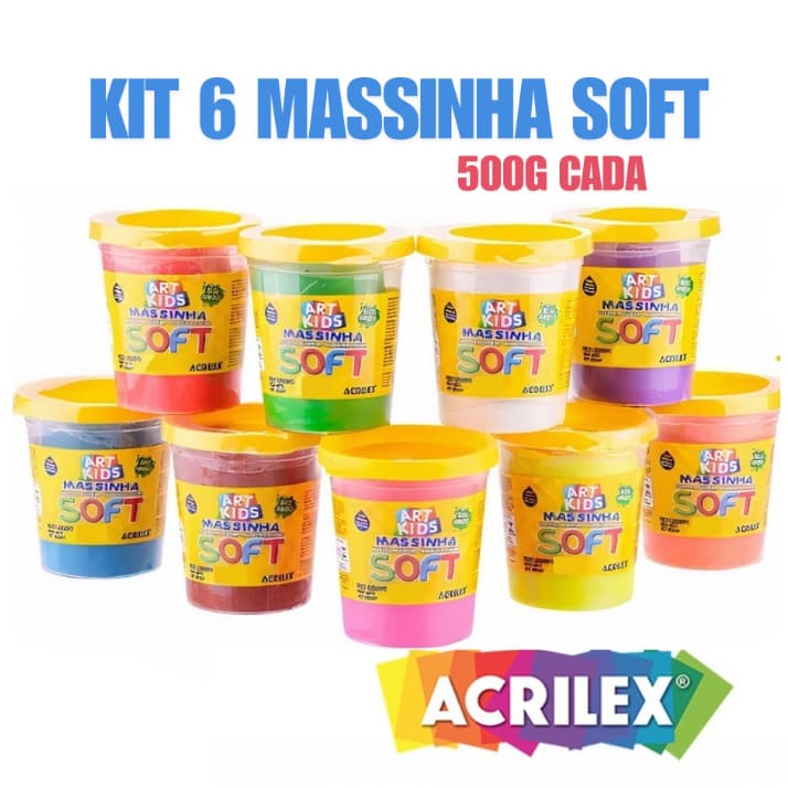 Kit 6 UND Massa/Massinha de Modelar infantil no Pote Cores Sortidas 500g Soft - ACRILEX