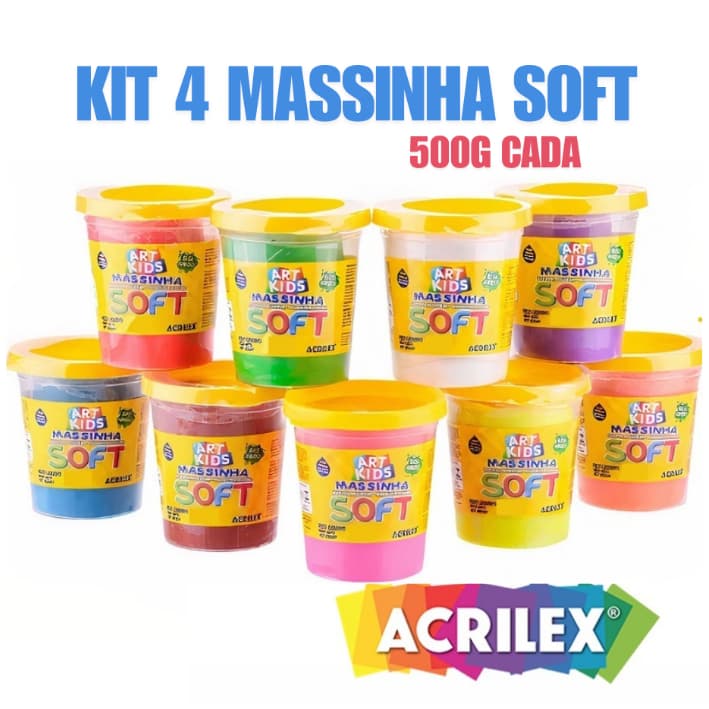 Kit 4 UND Massa/Massinha de Modelar infantil no Pote Cores Sortidas 500g Soft - ACRILEX