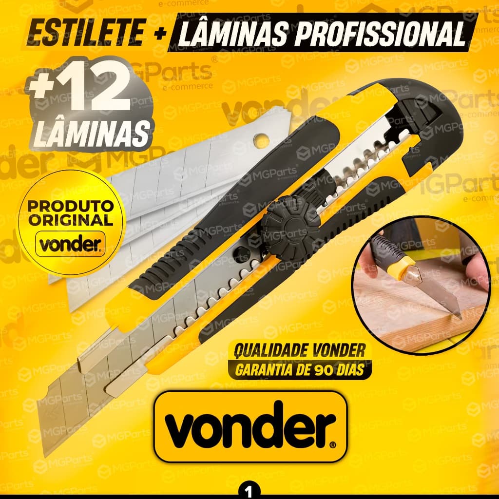 Kit Estilete Vonder Profissional + 12 Lâminas Emborrachado Com Trava 18mm de Precisão Alta Qualidade