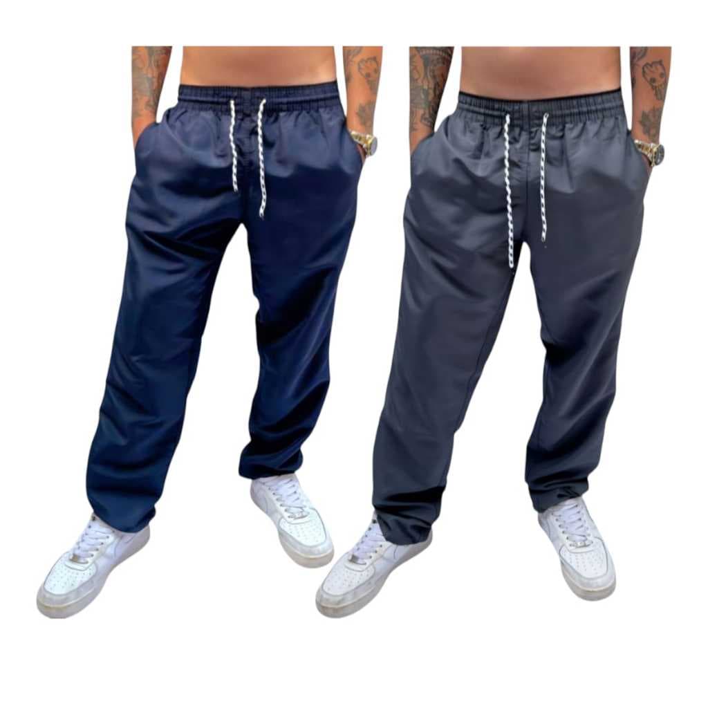 Kit 2 Calças Tactel Grosso Masculina C Elástico E Cordão Para Amarrar Lisa Costura Reforçada Com 3 Bolsos
