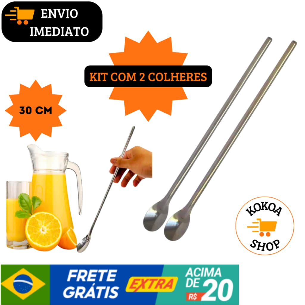 Kit com 2 Colheres Grandes de 30 cm para Bebidas Sucos Aço Inox Resistente  Cozinha Bar e Restaurante Drinks Shakes
