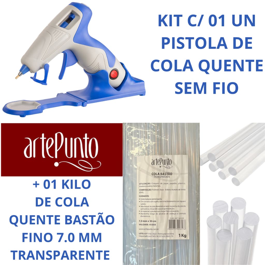 Kit c/ 01 Pistola de Cola Quente Sem Fio Bico Fino + 01 Kilo de Cola Quente Bastão Fino 7.0 mm Transparente da artePunto
