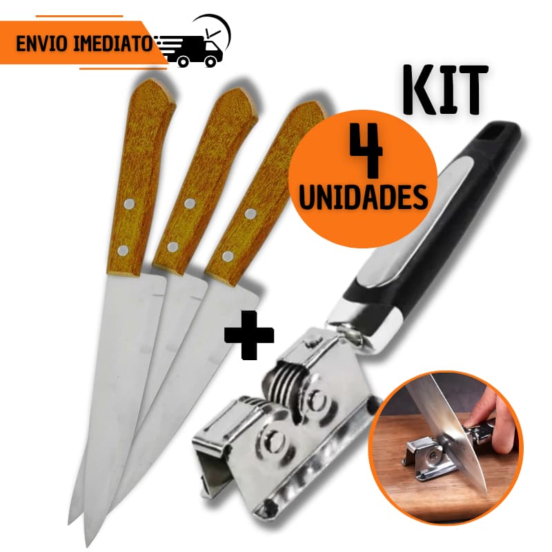 Kit 4 Pçs Facas Madeira 6" + Amolador Afiador Profissional Casa Cozinha Restaurante Chef Açougue