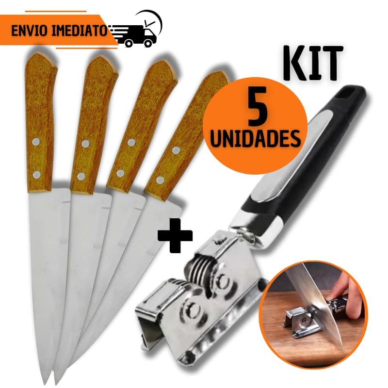 Kit 5 Pçs Facas Madeira 6" + Amolador Afiador Profissional Casa Cozinha Restaurante Chef Açougue