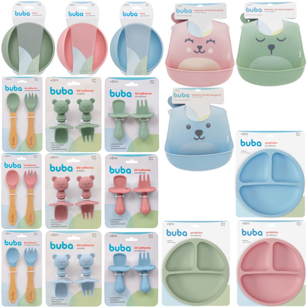 Kit Refeição 4 peças Prato/pratinho com divisórias + talheres + Bowl + Babador - silicone - Buba