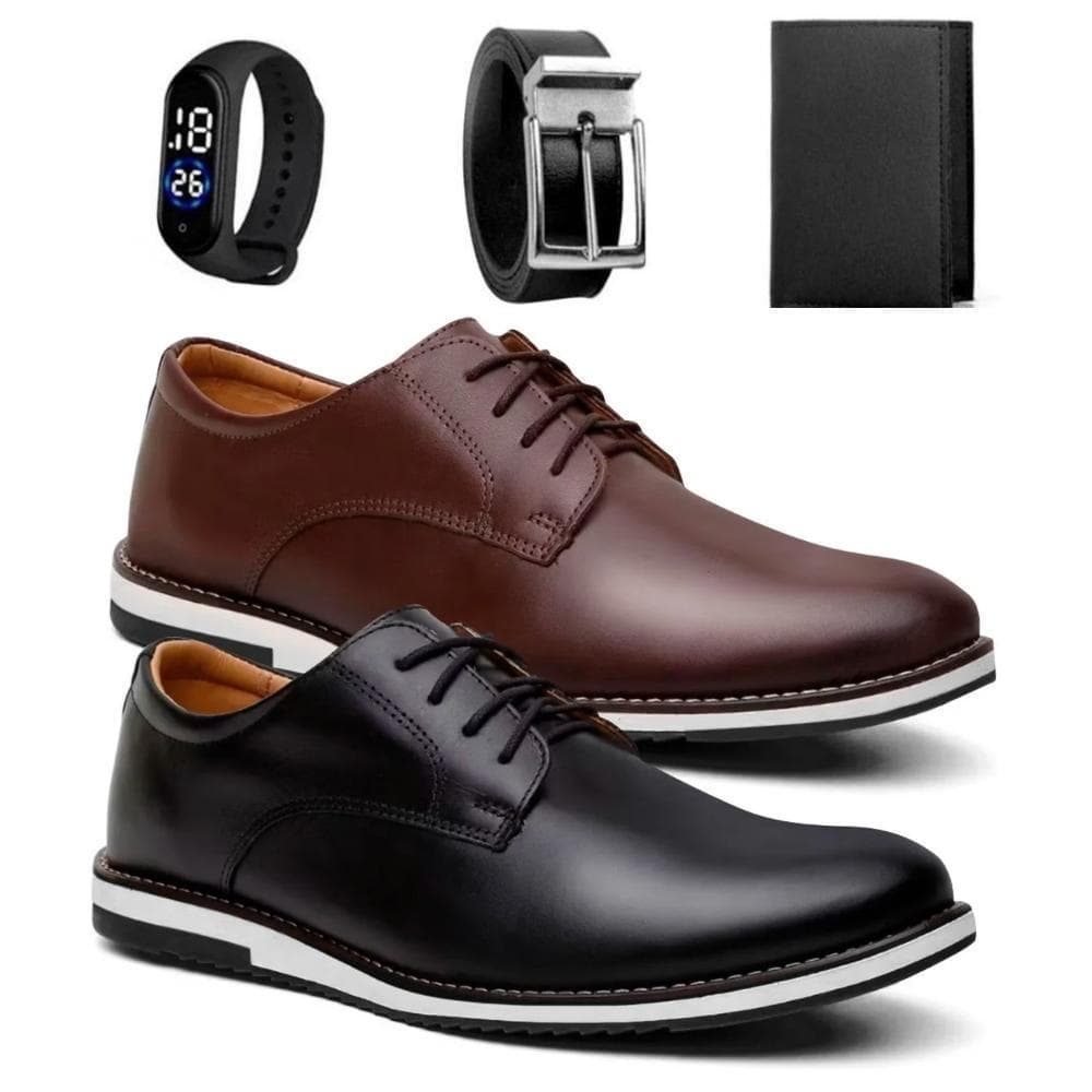 Kit 2 Pares de Sapato Masculino Oxford Derby Sport de Couro Premium Costurado Com Solado Leve Confortável + Kit Completo