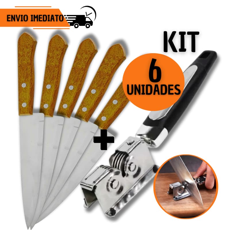 Jogo 6 Pçs Facas Madeira 6" + Amolador Afiador Profissional Casa Cozinha Restaurante Chef Açougue