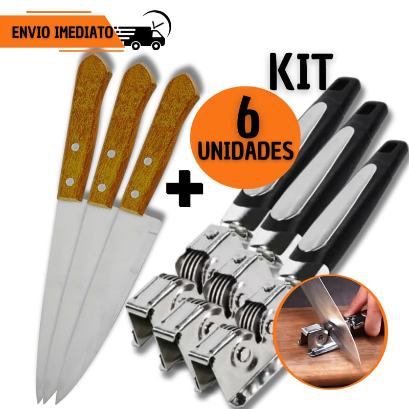 Kit 6 Pçs Facas Madeira 6" + Amolador Afiador Profissional Casa Cozinha Restaurante Chef Açougue