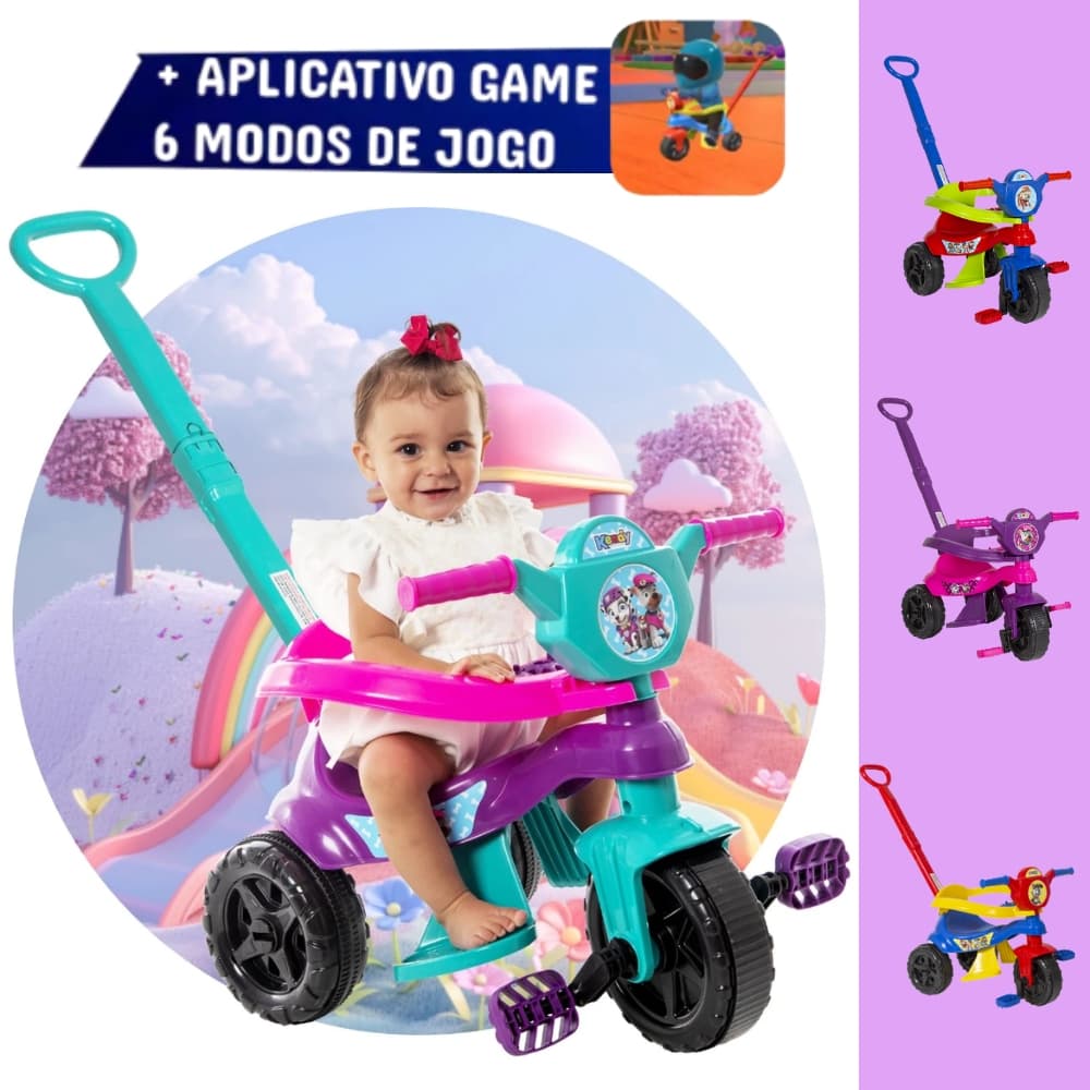 Triciclo + Game Aplicativo 3D 🚴‍♂️ Motoca Infantil Completa Várias Cores – Protetor, Pedal e Haste de Empurrar Inmetro