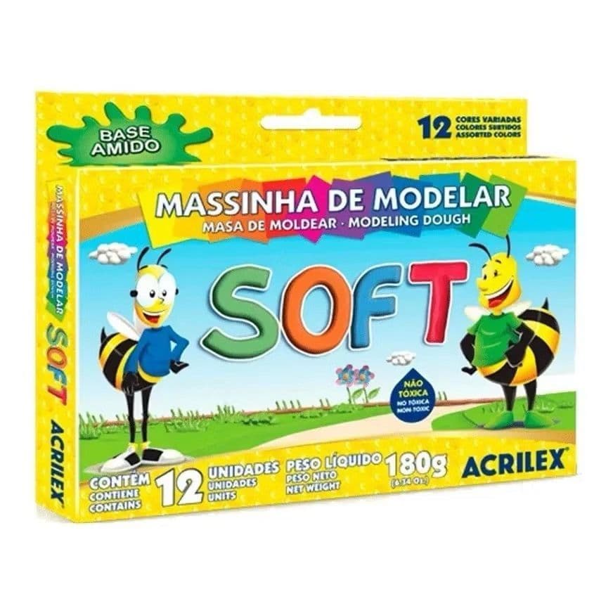 Kit com 3 ou 1 unidade Massinha de Modelar Escolar Infantil Soft 12 Cores Educação Desenvolvimento
