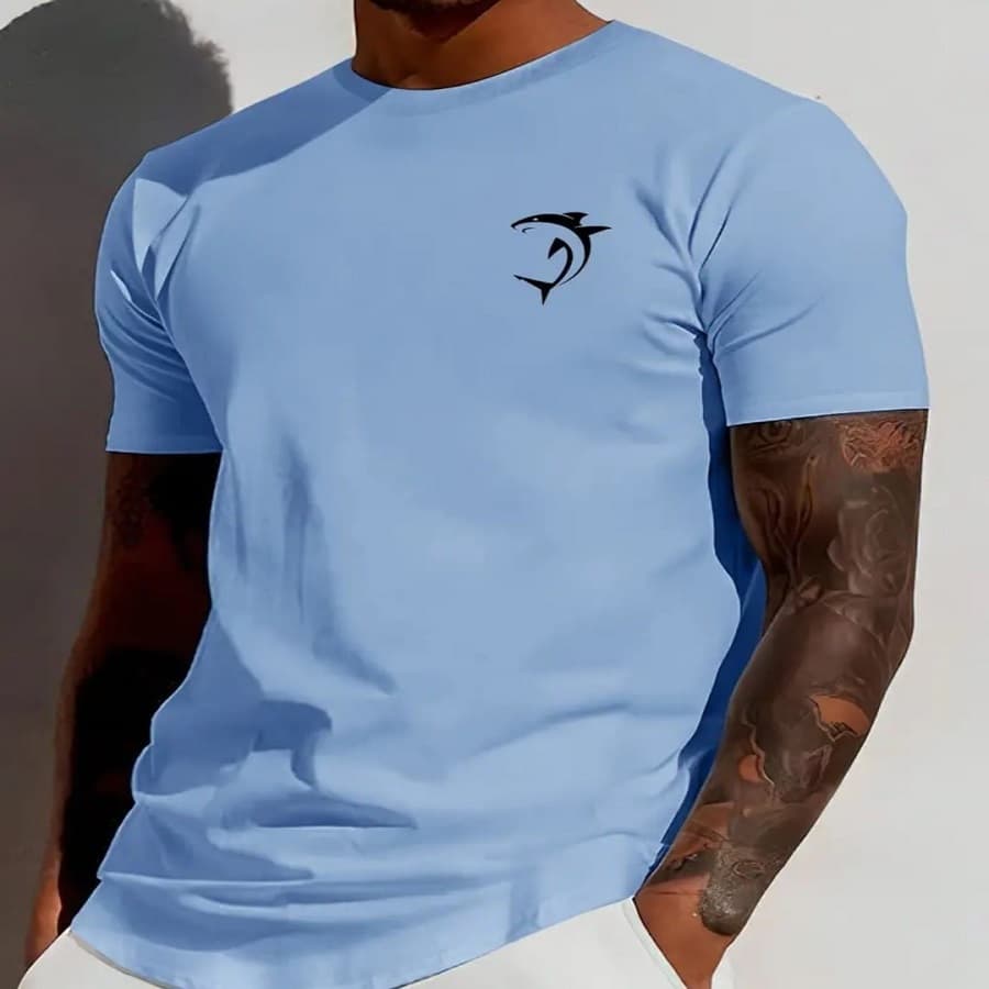 Camiseta Masculina com Estampa de Tubarão Inspirada em Vintage - Gola Careca Casual, Manga Curta