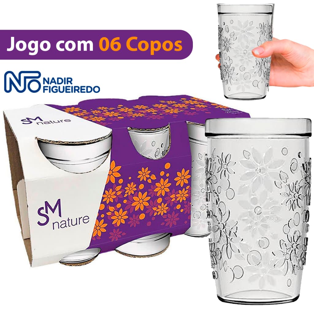 Kit jogo de Copos Nature 6 Peças de copo de vidro 270ml  coisas de casa conjunto de copo Nadir figueredo