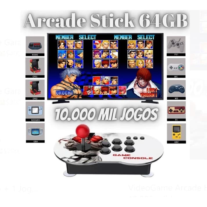 VideoGame Arcade Stick HDMI 64GB Plug in Play com 10.000 mil Jogos Fliperama Playstation 1 PS1 Super Nintendo Mega Drive