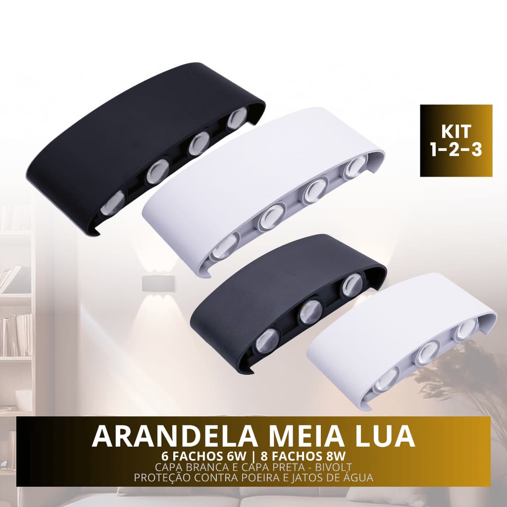 Luminária Arandela Meia Lua Led 6w/8w 6/8 Fachos Cor Branca ou Preta Bivolt Branco Quente 3000K Ip66