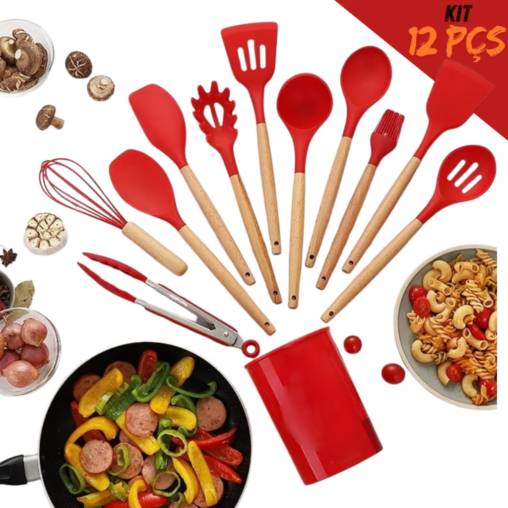 Jogo Kit 12 Peças Talheres Silicone Design Bambu Cabo Madeira Utensílios Cozinha Premium