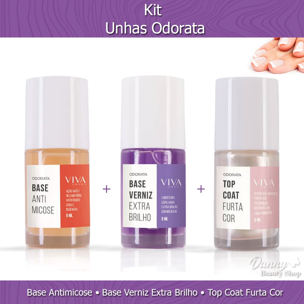 Kit Viva Unhas - Base Antimicose + Base Verniz Extra Brilho + Top Coat Furta Cor - Odorata 9ml