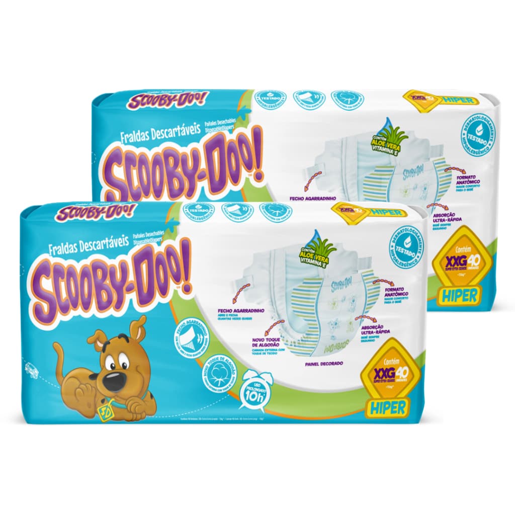 Kit 2 Fraldas Scooby-Doo Hiper P M G XG XXG - Proteção 12h Aloe Vera