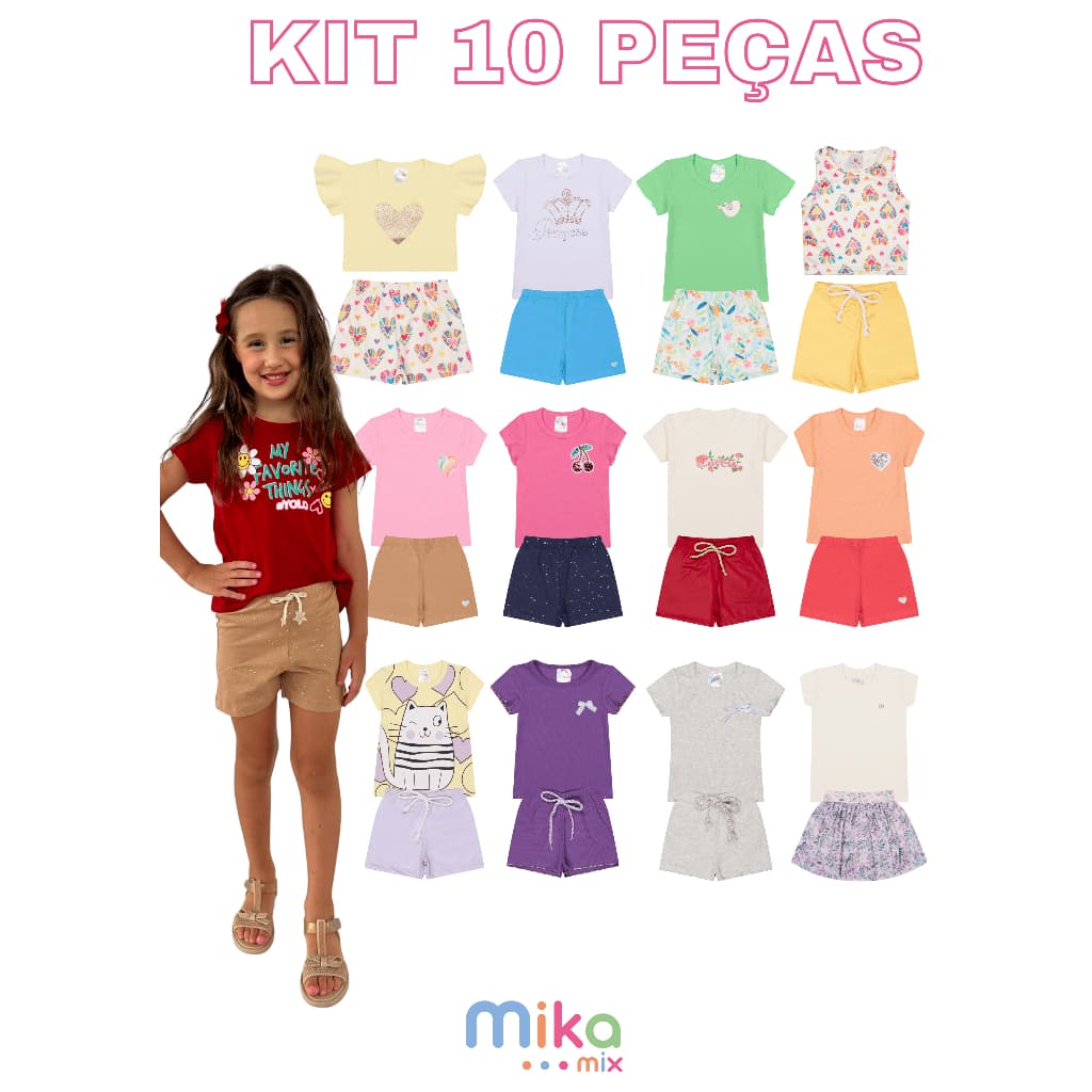 Kit Infantil Verão Menina 10 Peças – 5 Camisetas + 5 Shorts Sortidas (Tamanhos 1 a 8 Anos)