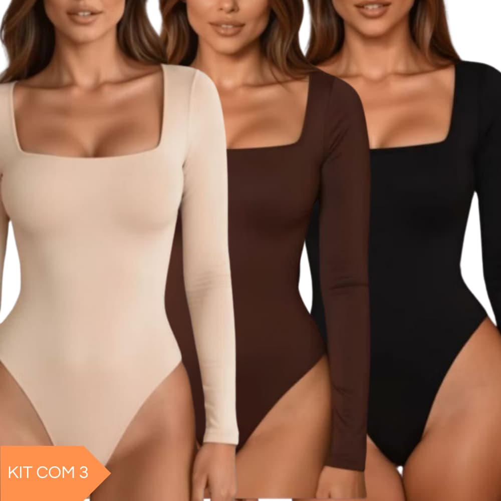 Kit com 3 Body Feminino Manga Longa Forro Duplo Decote Quadrado