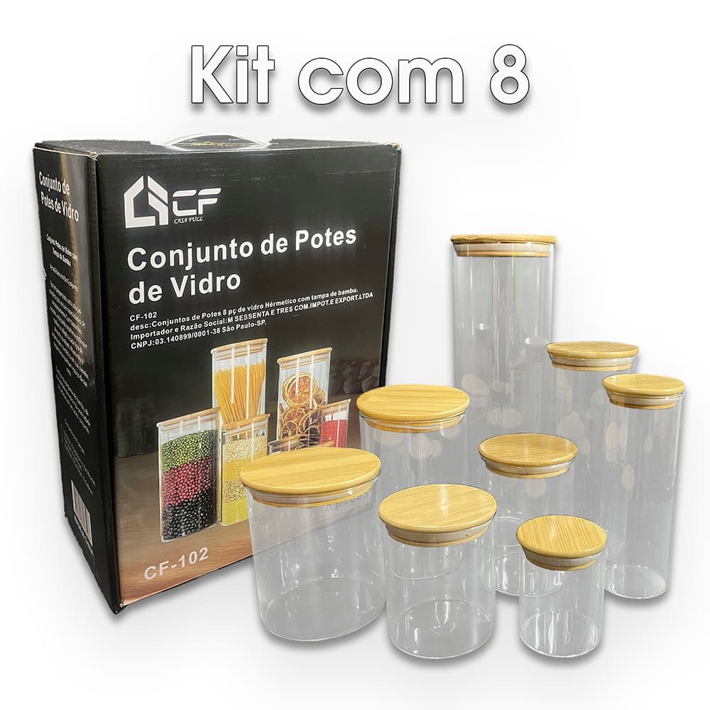 Kit Potes de vidro herméticos com 5 ou 8 ou 13 potes Tampa Bambu