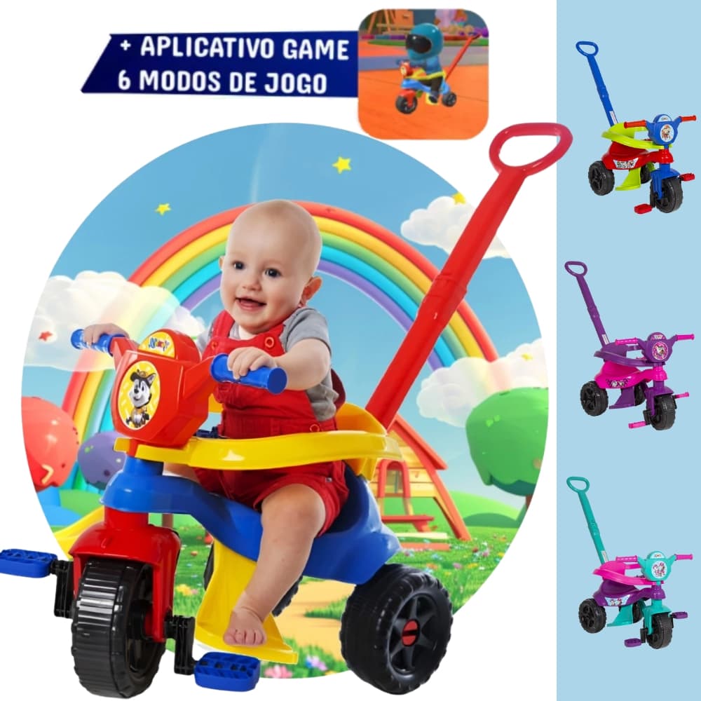 Motoca Completa 1 a 3 anos + Game Aplicativo 3D - Triciclo Haste Protetor Pedal e Apoio - Inmetro - QUEEN SHOP