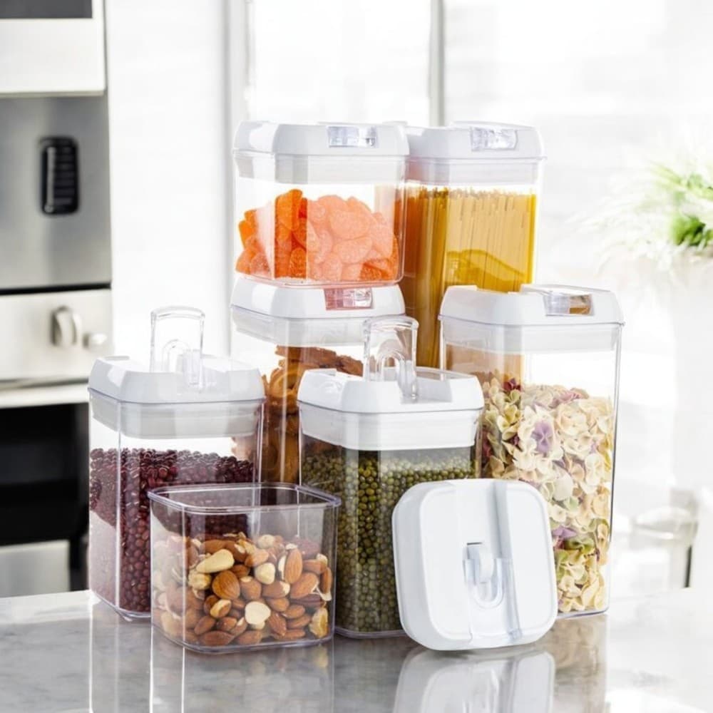 Kit 7 Potes Empilhável Herméticos Transparente Resistente Cozinha Armário Organiza Alimentos Pote Conjunto Acrílico