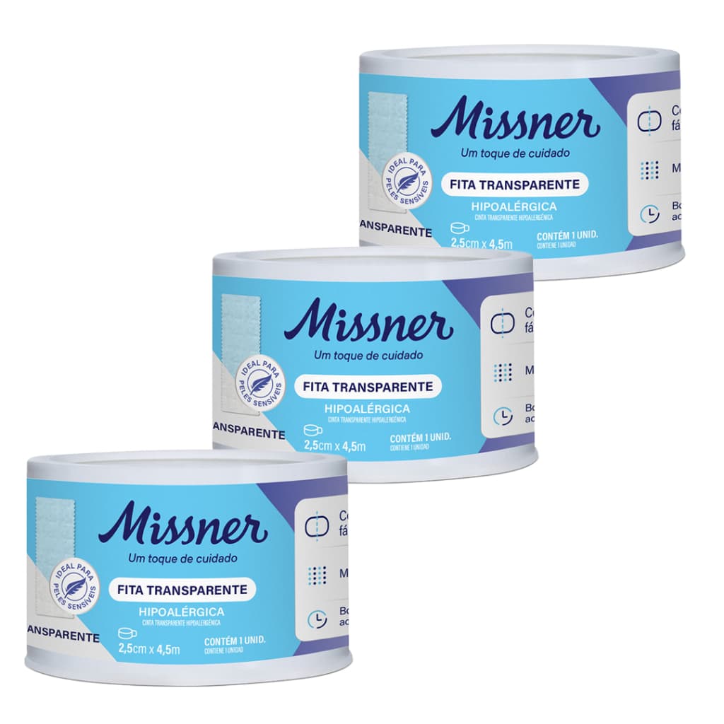 Kit Fita Transparente 2,5cm x 4,5m Microperfurada para Pele Sensível Missner