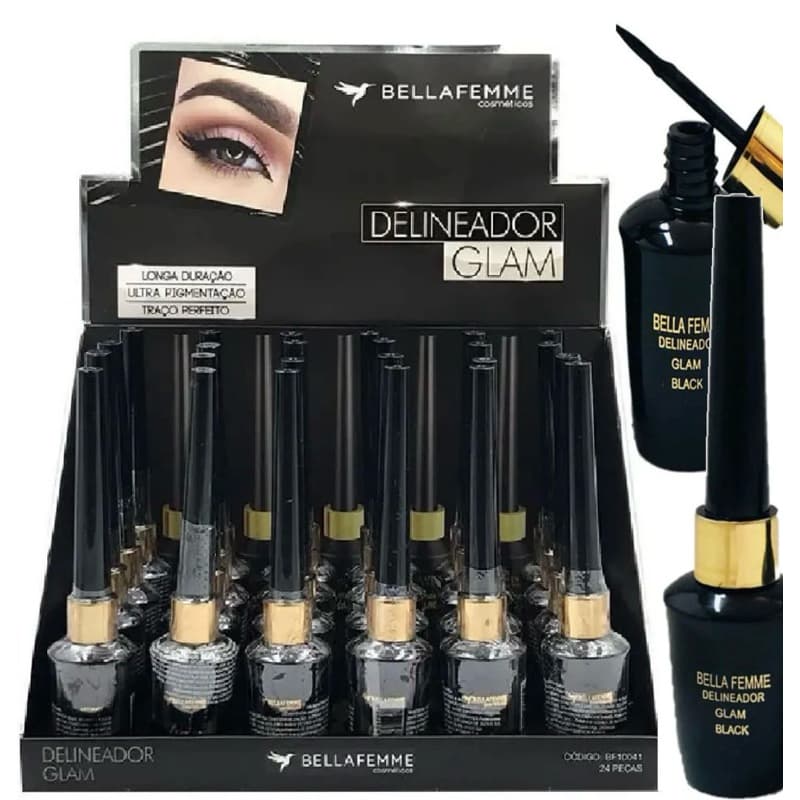 Delineador líquido preto maquiagem ponta firme ótima pigmentação black GLAM Bella Femme