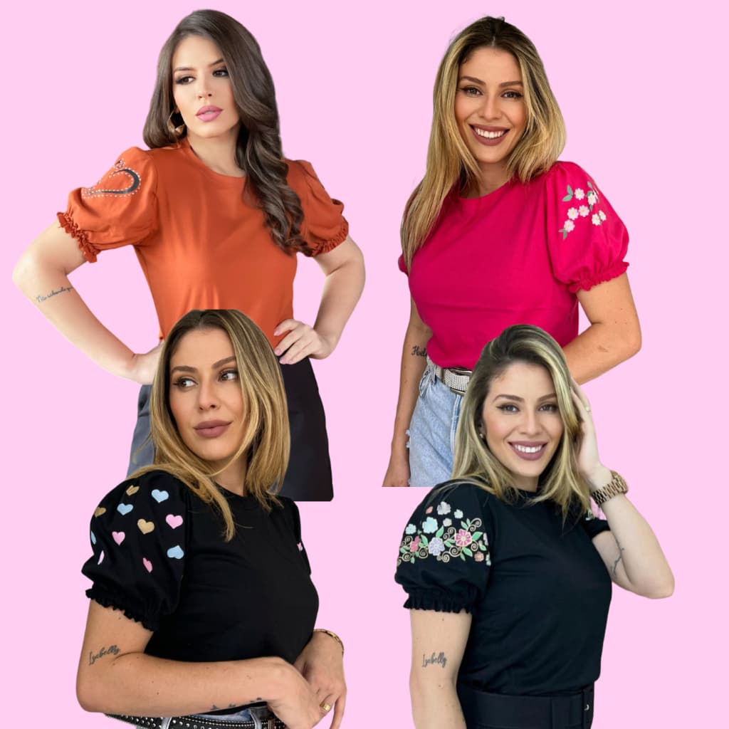 4 Blusa T-shirt Feminina Manga Bufante Silk 3D 100% Algodão Fio 30