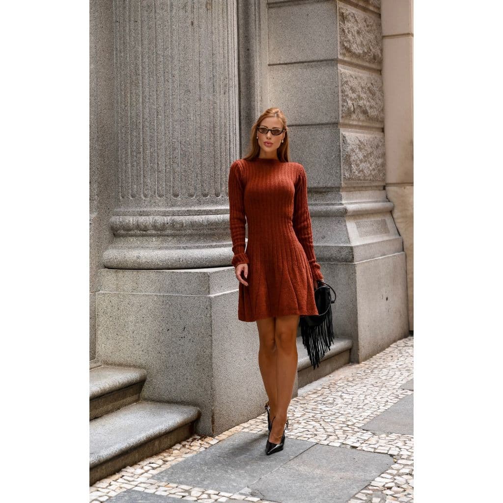 Vestido Curto Feminino Manga Longa Trico Modal Mousse Rodado