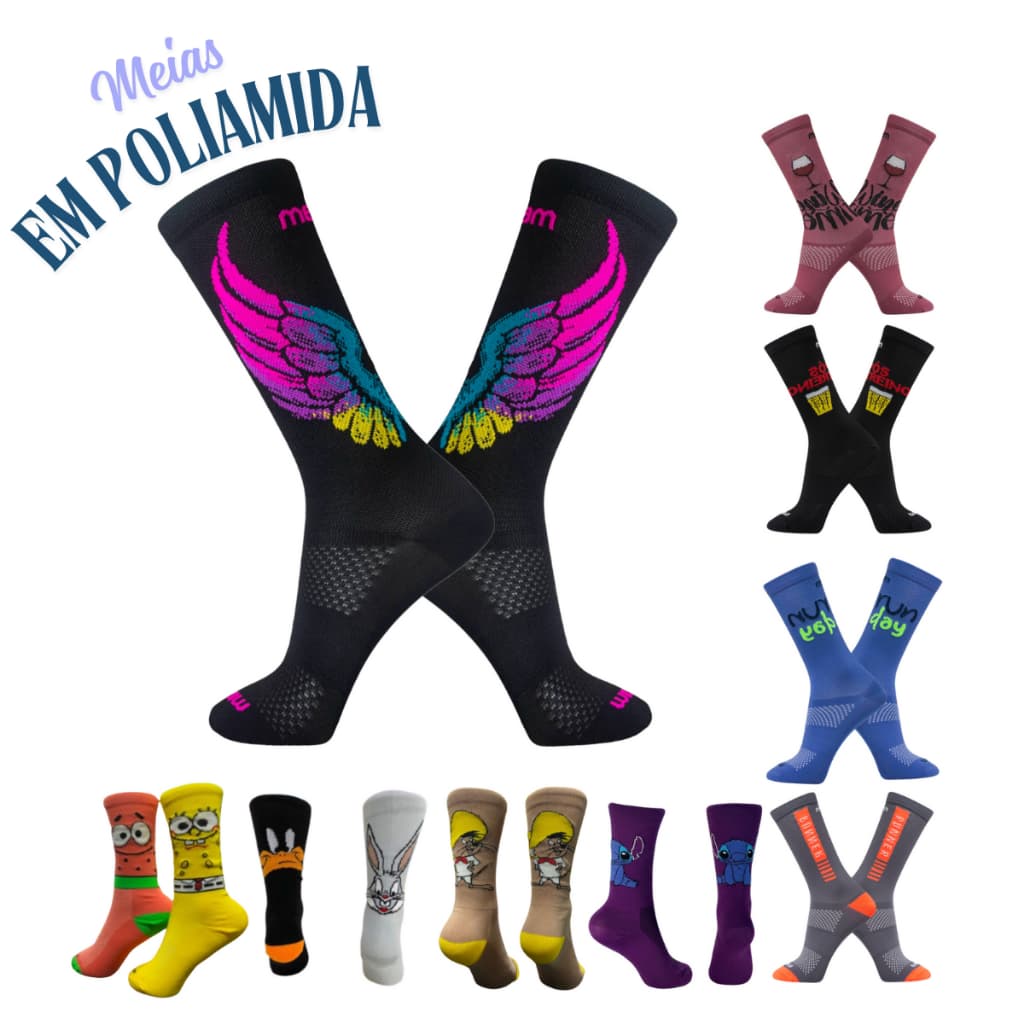Meia Ciclismo MTB Running Corrida Esporte Cano Medio Poliamida Rikan Joker Socks Net Fios Feminino e Masculino