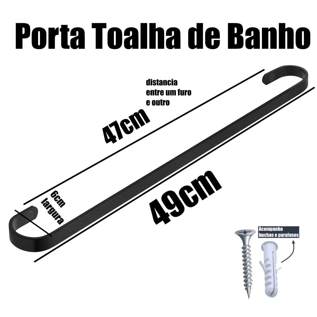 Porta Toalha de Banho de Aluminio Reto Luxo Quadra Preto Fosco